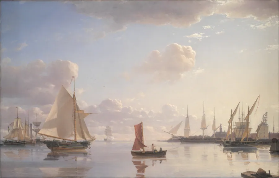 Udsigt fra Langelinie mod Nyholm med Mastekranen. Morgenbelysning by Emanuel Larsen