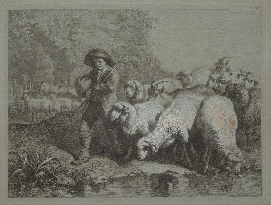 Shepherd with a Sack Driving a Flock by Francesco Londonio