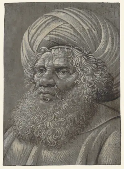 Head of a Bearded Man Wearing a Turban (recto); Latin script (verso)