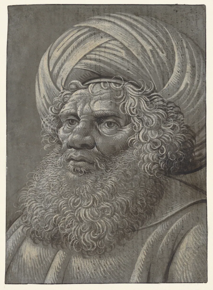 Head of a Bearded Man Wearing a Turban (recto); Latin script (verso) by Master of the Death of Absalom (?)