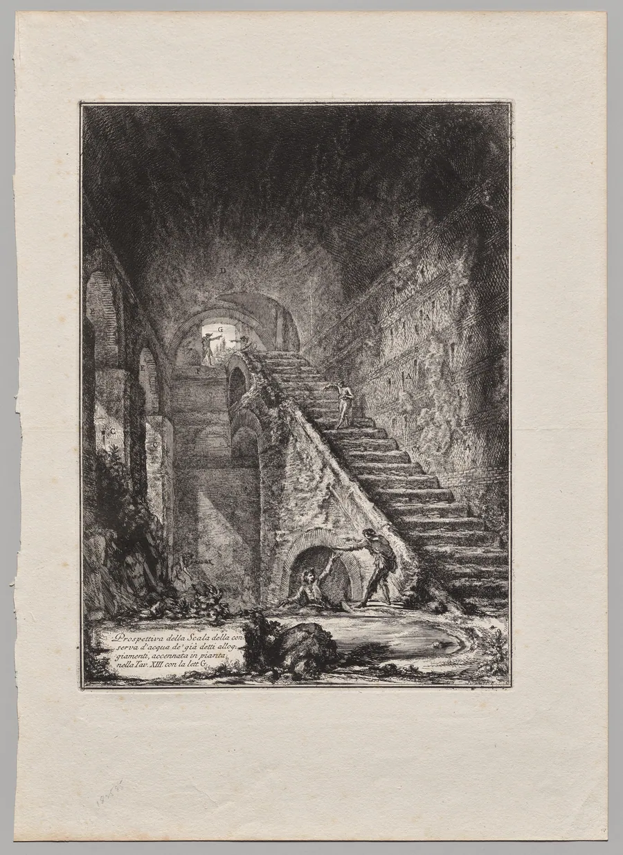 Prospettiva della Scala dela coserva d' acqua de' gia detti alloggiamenti, accennata in pianta nella Tav XIII con la lett. G. by Giovanni Battista Piranesi