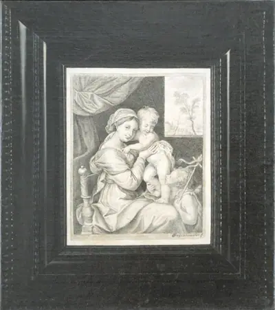 Trompe l'oeil af et indrammet kobberstik af Maria med Barnet