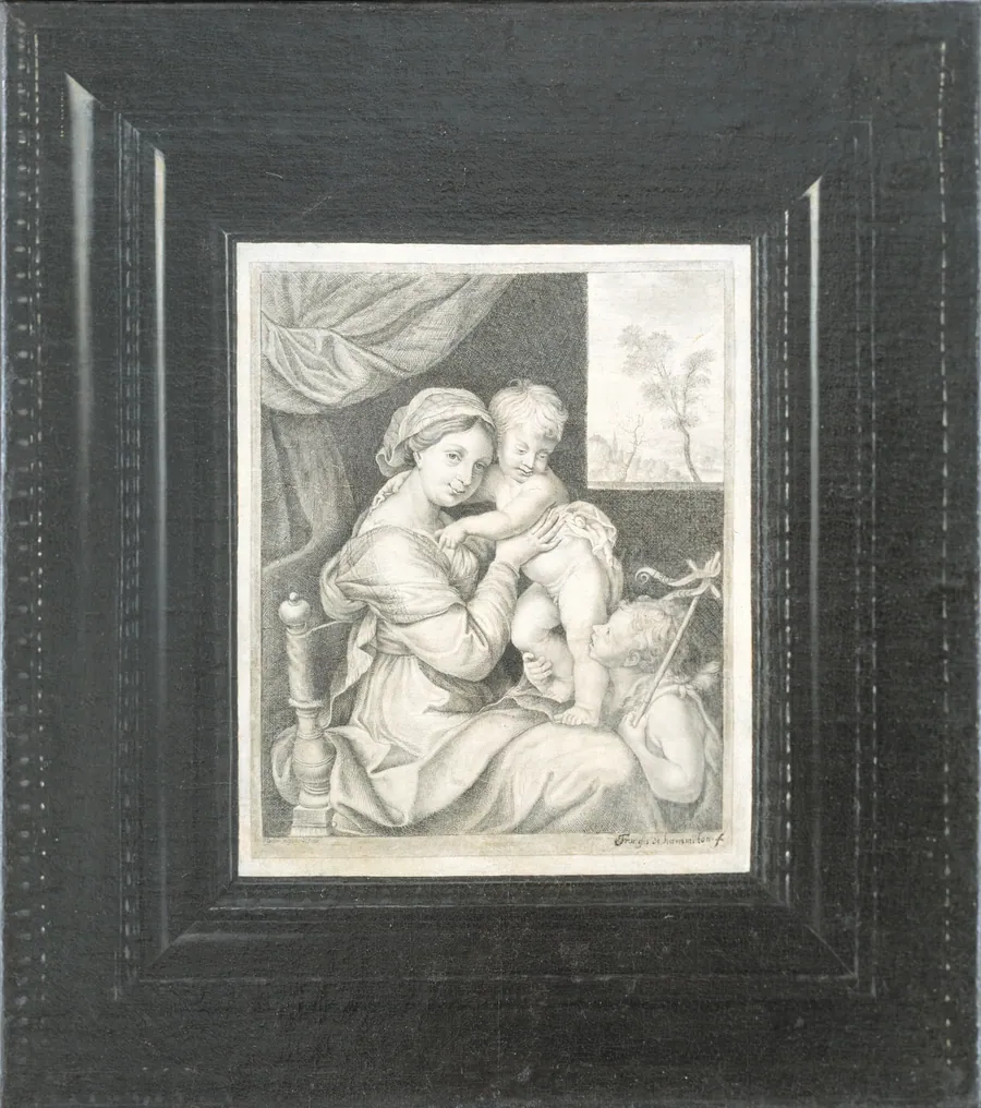 Trompe l'oeil af et indrammet kobberstik af Maria med Barnet by Franz de Hamilton