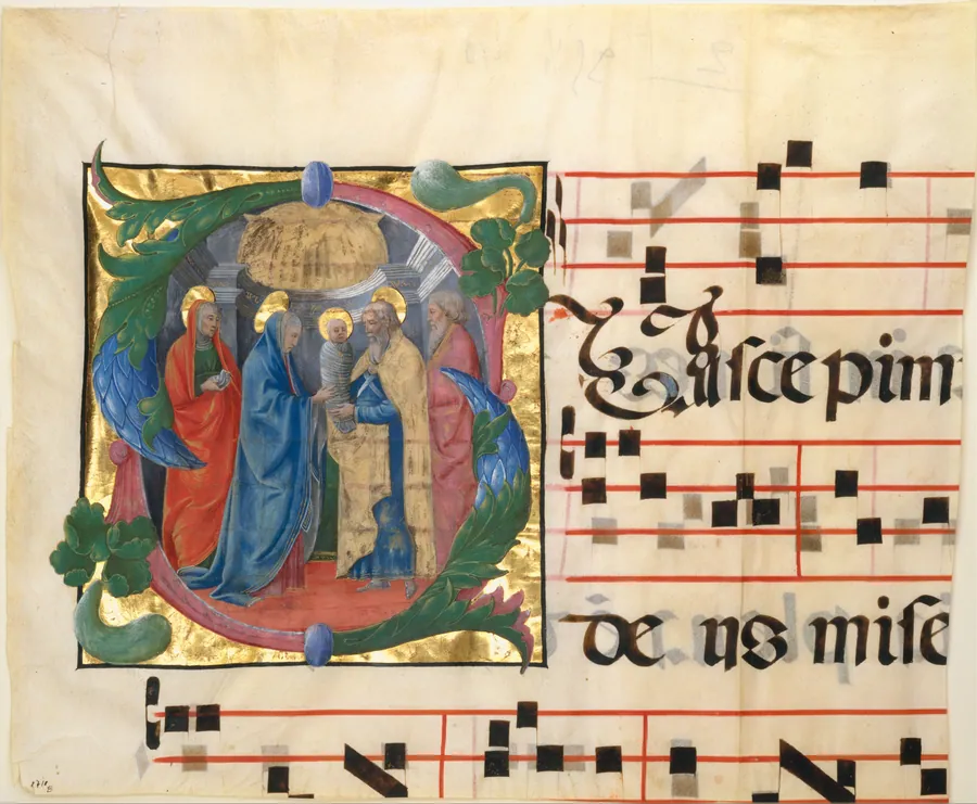 Manuscript Illumination with the Presentation in the Temple in an Initial S, from a Gradual by Cosmè Tura (Cosimo di Domenico di Bonaventura)