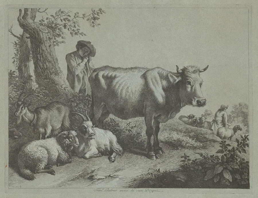 Standing Cow and a Shepherd Boy with Flock by Francesco Londonio