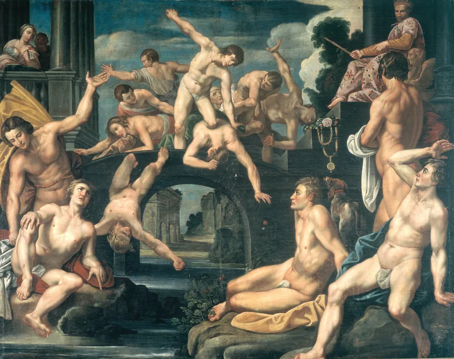 Unge mænd brydes på en bro. Allegori by Reinhold Timm