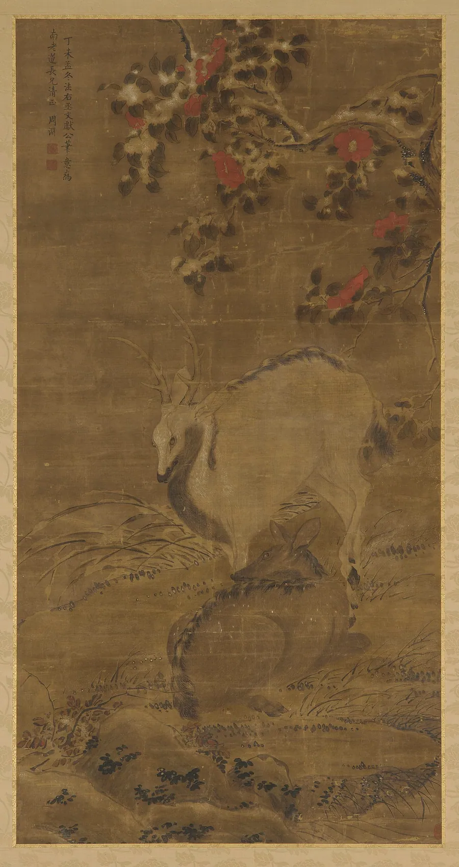 A stag, a doe, and red camellias in snow by Zhou Yuan (mid- to late 14th century)