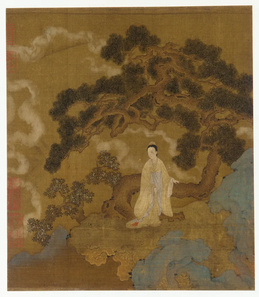 Lady under a gnarled pine tree by Formerly attributed to Zhou Wenju (傳)周文矩 (active mid-10th century)