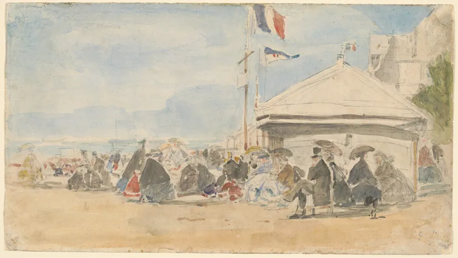 Beach House with Flags at Trouville by Eugène Boudin
