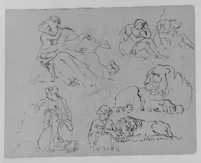 Five Figure Studies; Two Studies of Lions (from Sketchbook)