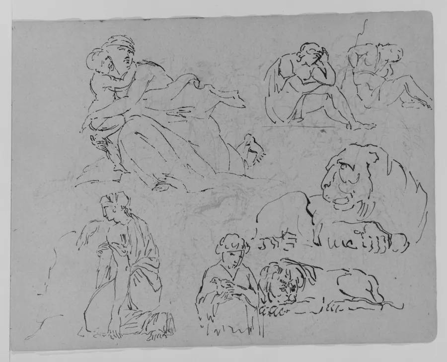 Five Figure Studies; Two Studies of Lions (from Sketchbook) by Thomas Sully