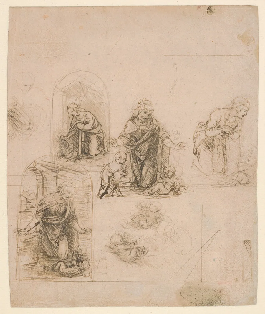 Compositional Sketches for the Virgin Adoring the Christ Child, with and without the Infant St. John the Baptist; Diagram of a Perspectival Projection (recto); Slight Doodles (verso) by Leonardo da Vinci