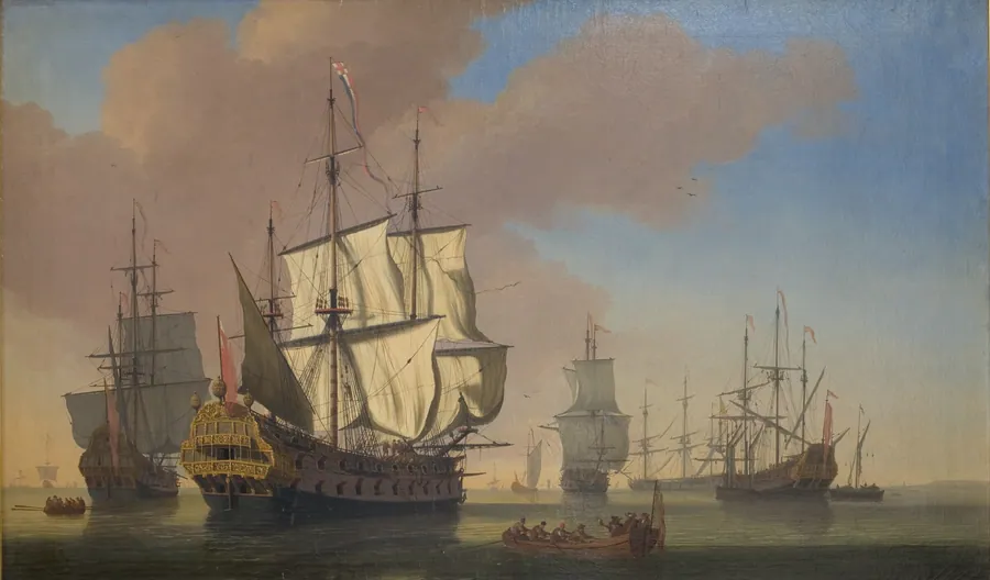 Engelske orlogsskibe på en rhed i stille vejr by Jan Karel Donatus van Beecq