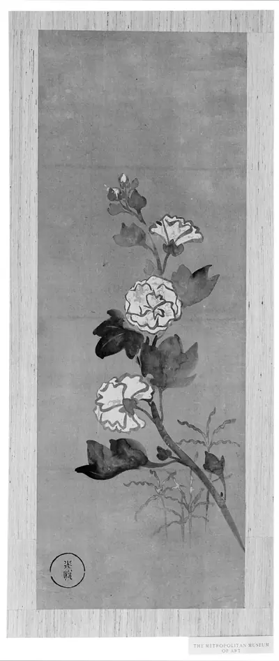 月に兎・牡丹・立葵図|Rabbits under the Moon, Peonies, and Hollyhocks