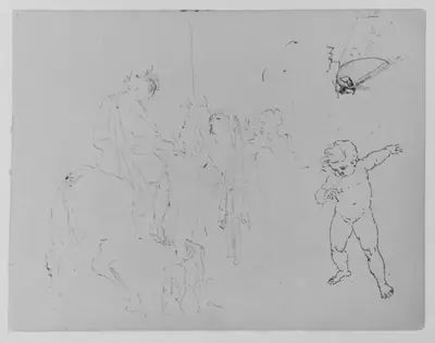 Horseman Addressing Two Women; Palette, Brushes in Artist's Hands, Picture and Easel Beyond; Putto Blowing Clarion (from Sketchbook)