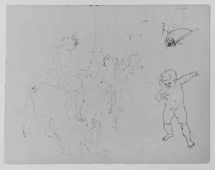 Horseman Addressing Two Women; Palette, Brushes in Artist's Hands, Picture and Easel Beyond; Putto Blowing Clarion (from Sketchbook) by Thomas Sully