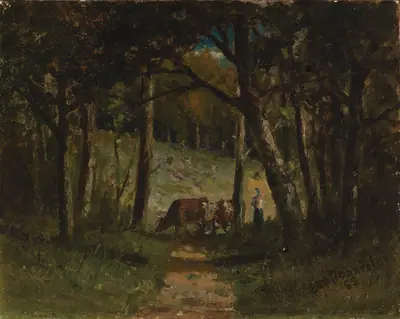 Untitled (cows on path in forest)