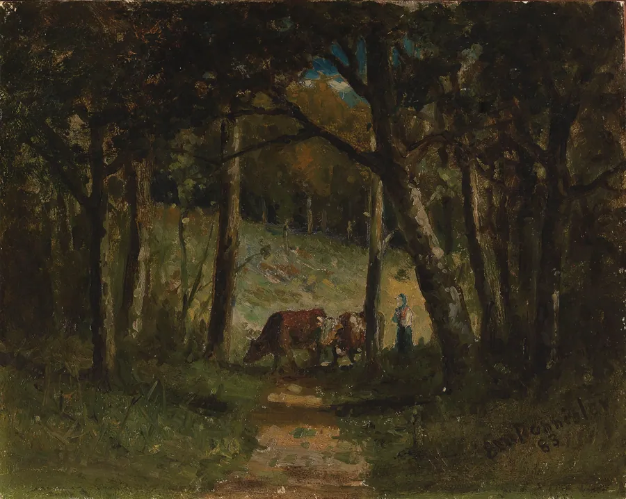 Untitled (cows on path in forest) by Edward Mitchell Bannister, born St. Andrews, New Brunswick, Canada 1828-died Providence, RI 1901