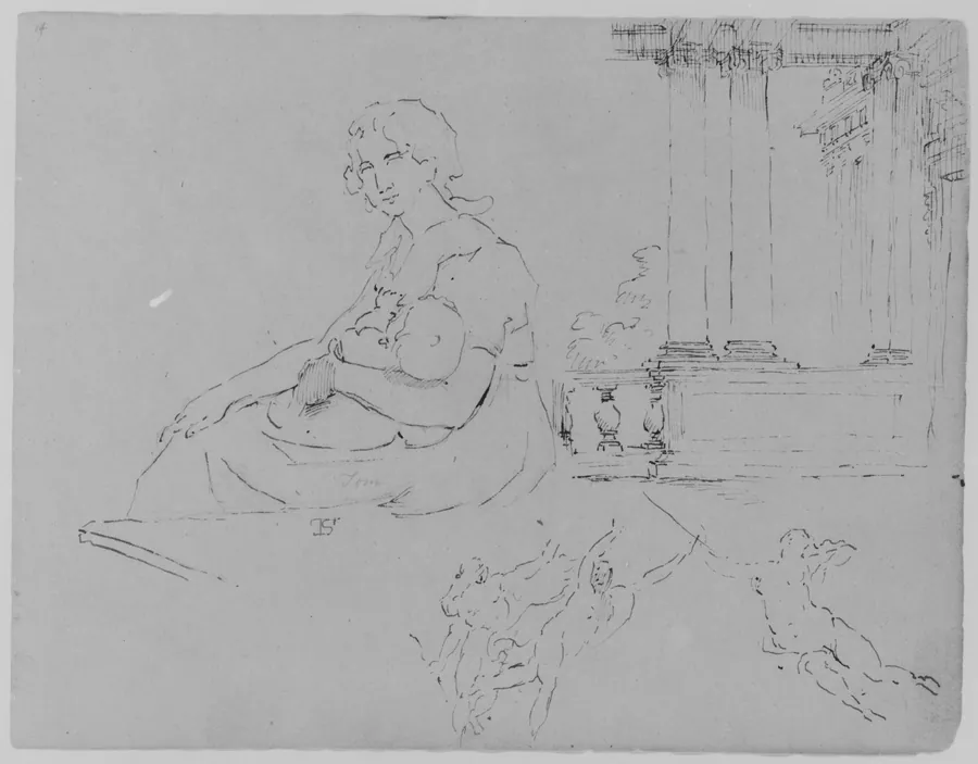 Seated Woman Holding Baby; Ionic Porch and Balustrade, Three Fleeting Figures (from Rubens Massacre of Innocents? Or Allegory of War) (from Sketchbook) by Thomas Sully