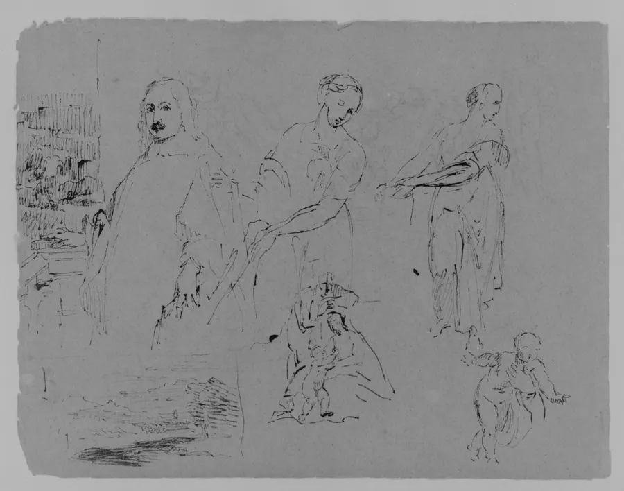 Portrait of [Poussin?]; Landscape Composition; Two Women; Woman and Child; Baby (from Sketchbook) by Thomas Sully