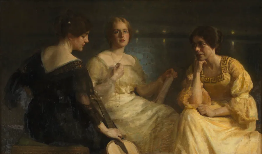 Unge kvinder. Fra venstre: Karen Bramsen; kunstnerens hustru Esther, f. Lange; Johanne Munch-Petersen. by Julius Paulsen