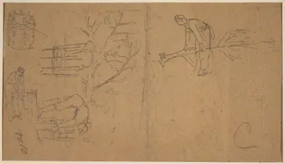 Soldiers felling sapling, and weaving saplings into baskets [verso]