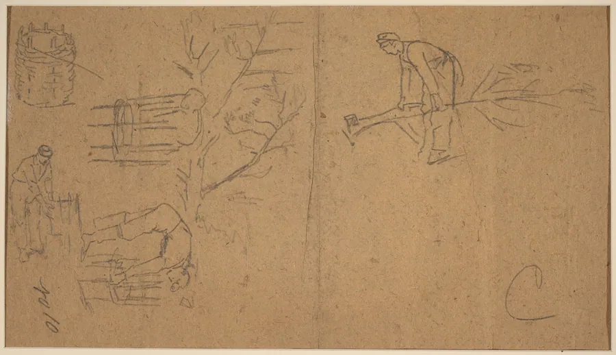 Soldiers felling sapling, and weaving saplings into baskets [verso] by Winslow Homer