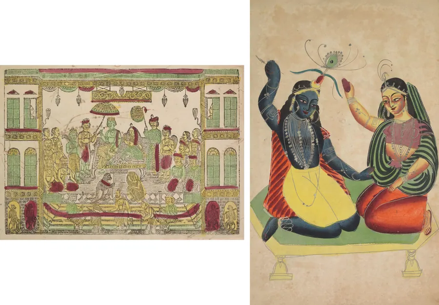 Leaf from a Kalighat album: Rama and Sita in the Royal Palace (recto); Radha and Krishna (verso) by Shri Gobinda Chandra Roy