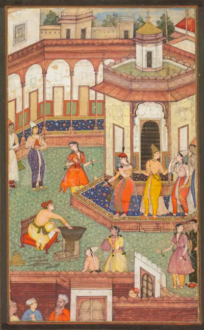 A Man Dips His Hand into a Cauldron as Ladies of the Harem Stand in Amazement: A Page from a Manuscript of Religious History