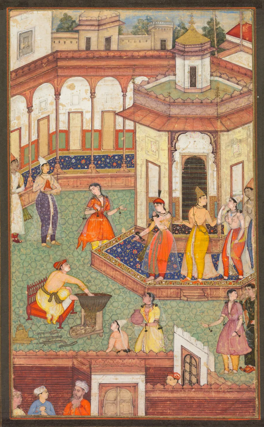 A Man Dips His Hand into a Cauldron as Ladies of the Harem Stand in Amazement: A Page from a Manuscript of Religious History