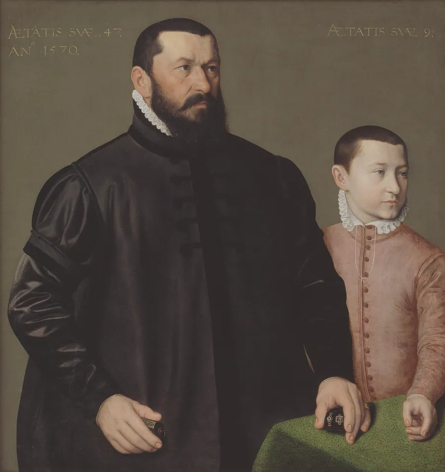 Portræt af nürnberger guldsmeden Hans Lencker (1523-1585) og hans 9-årige søn Elisius den yngre by Nicolas Neufchâtel