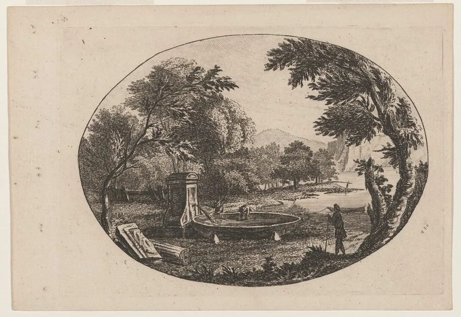 Wooded Landscape with Drinking Spout and Basin by Paul Sandby