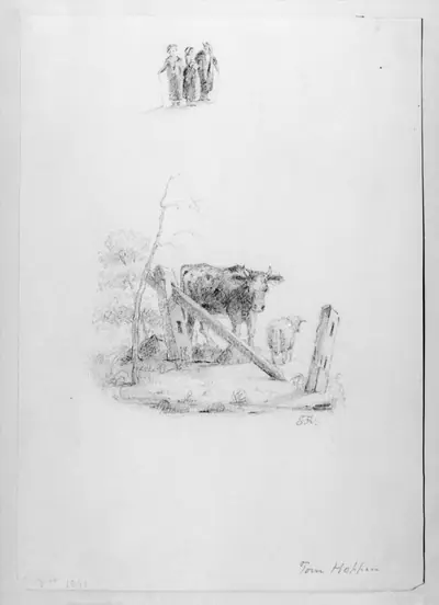 Landscape with Two Cows and a Broken Fence; Three Standing Figures (from McGuire Scrapbook)