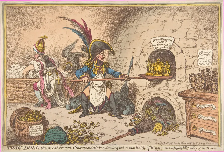 Tiddy-Doll, the Great French-Gingerbread-Baker; Drawing Out a New Batch of Kings, His Man Hopping Talley, Mixing Up the Dough by James Gillray