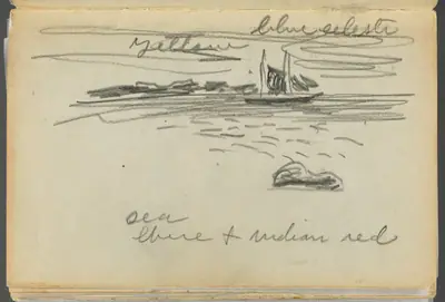 Sketchbook- The Granite Shore Hotel, Rockport, page 182: Sailboat with color notations