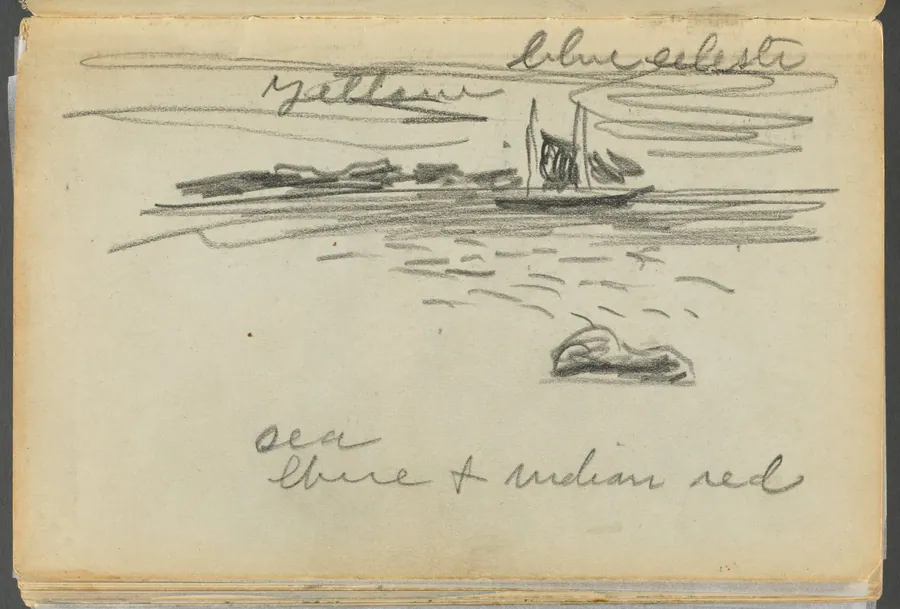 Sketchbook- The Granite Shore Hotel, Rockport, page 182: Sailboat with color notations by Maurice Prendergast