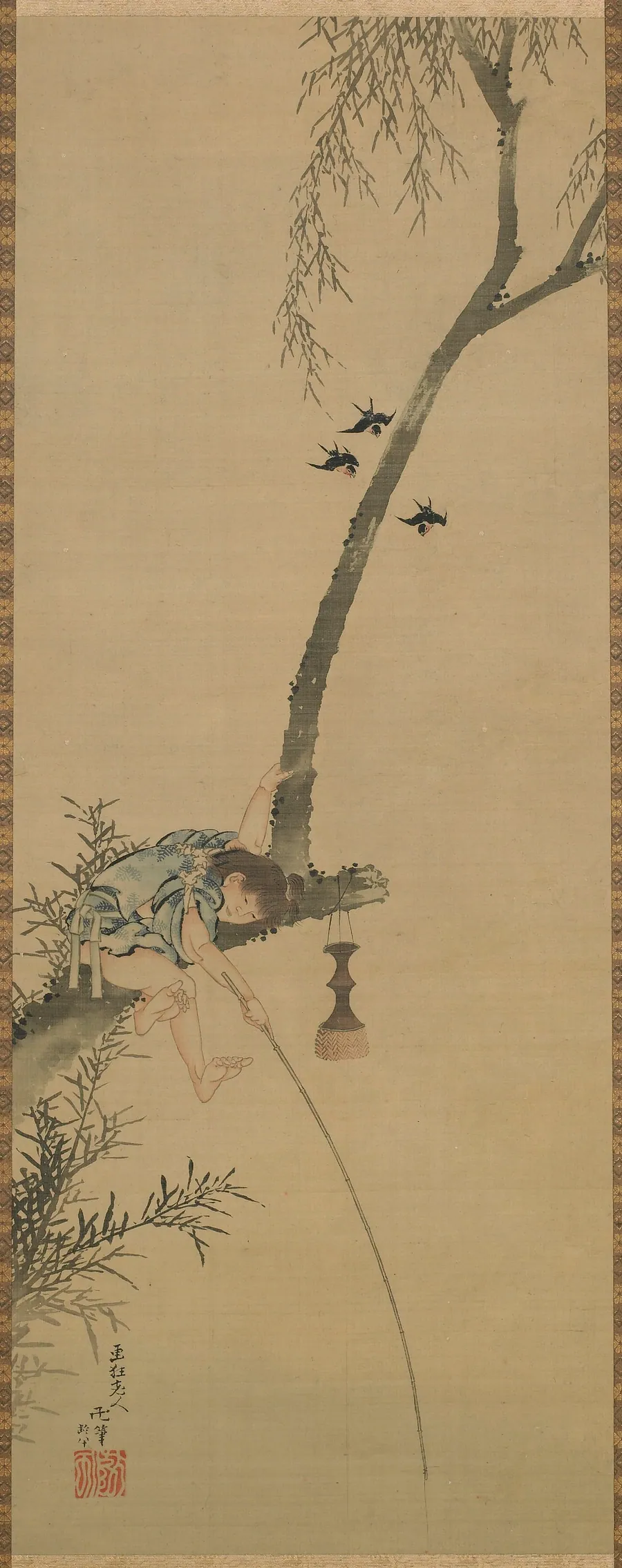 Boy fishing from the limb of a tree by Katsushika Hokusai 葛飾北斎 (1760-1849)