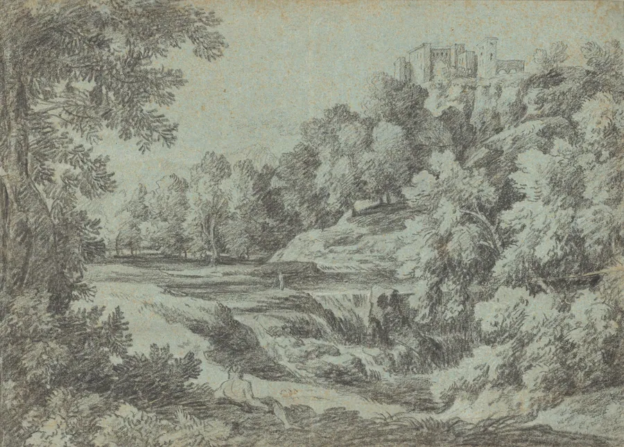Italian Landscape with Fortifications and a Waterfall by Gaspard Dughet