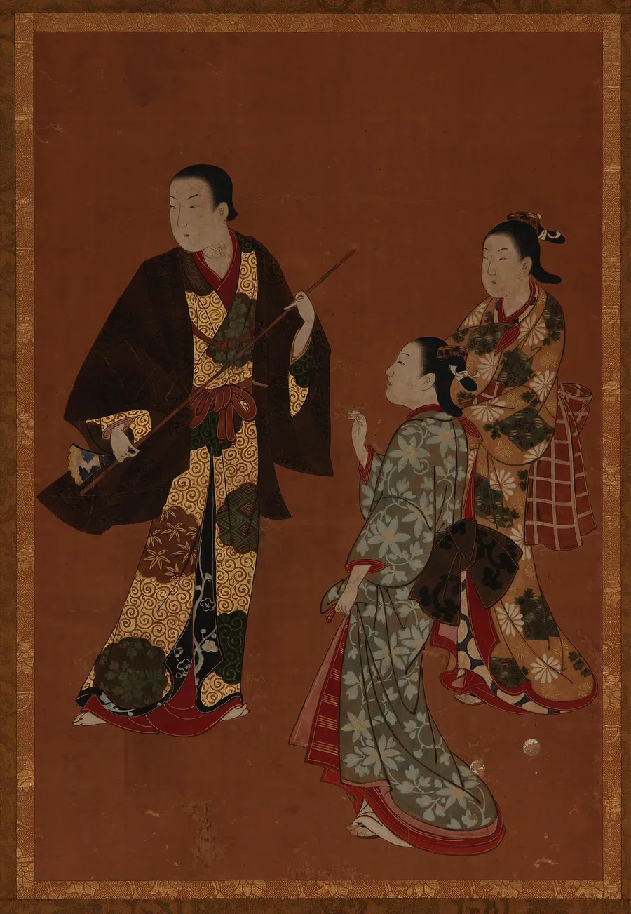 A man, possibly an actor, and two girls by Kawamata Tsuneyuki 川又常行 (1676?-1741?)