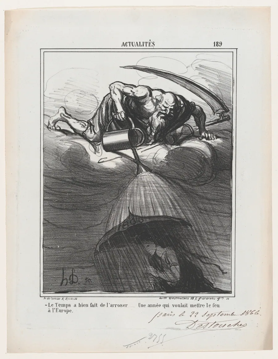 Thank God for the rain... especially since Europe was almost set on fire, from 'News of the day,' published in Le Charivari, October 8, 1866 by Arnaud de Vresse