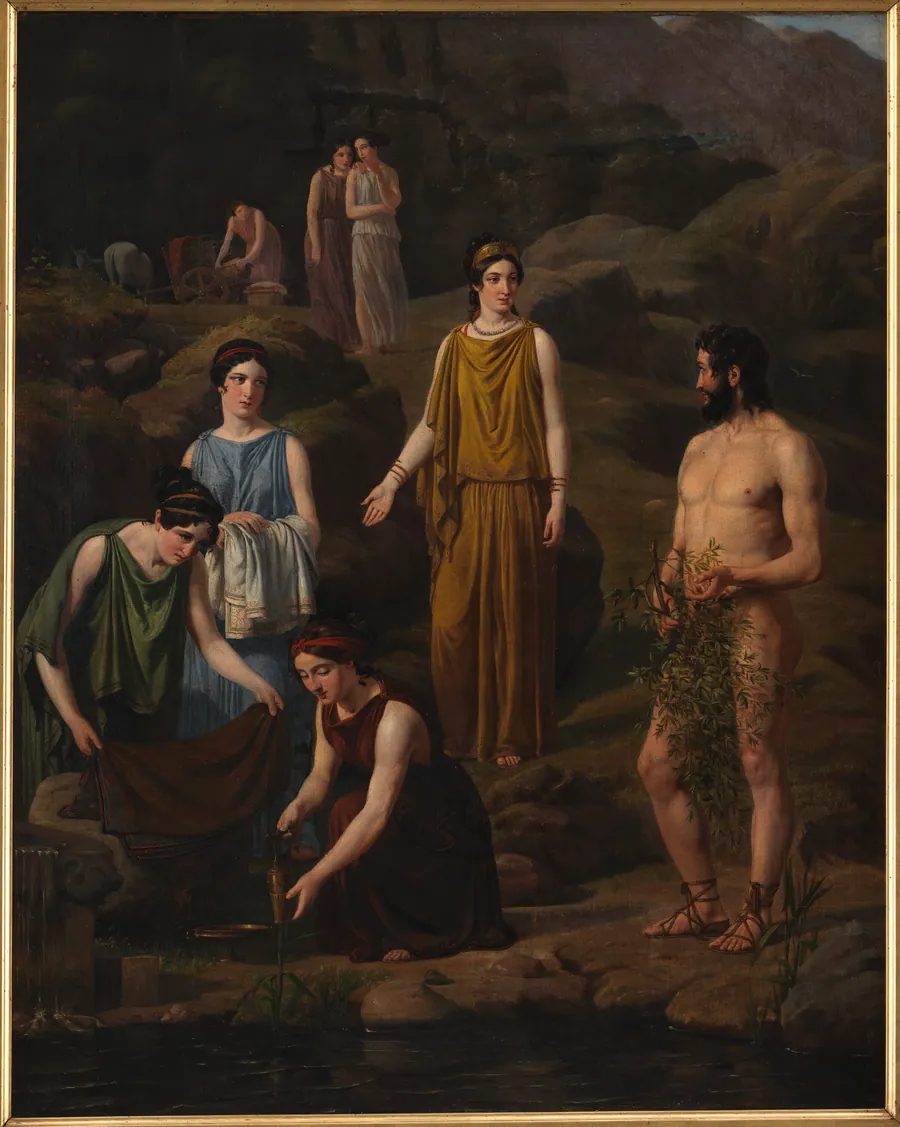 Nausikaa bringer den skibbrudne Odysseus klæder by Wilhelm Marstrand