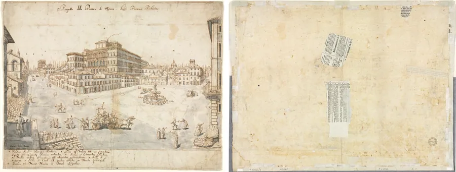 Eighteen Views of Rome: The Piazza Barberini (recto); Tracing of a Fountain from recto and Sketches of Two Faces (verso) by Lievin Cruyl