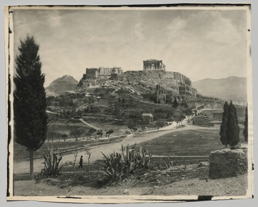 View of the Acropolis (walking man in foreground) by Adolphe Braun & Co.