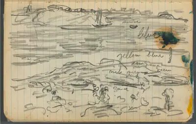 Sketchbook, page 133: Marine View with color notations