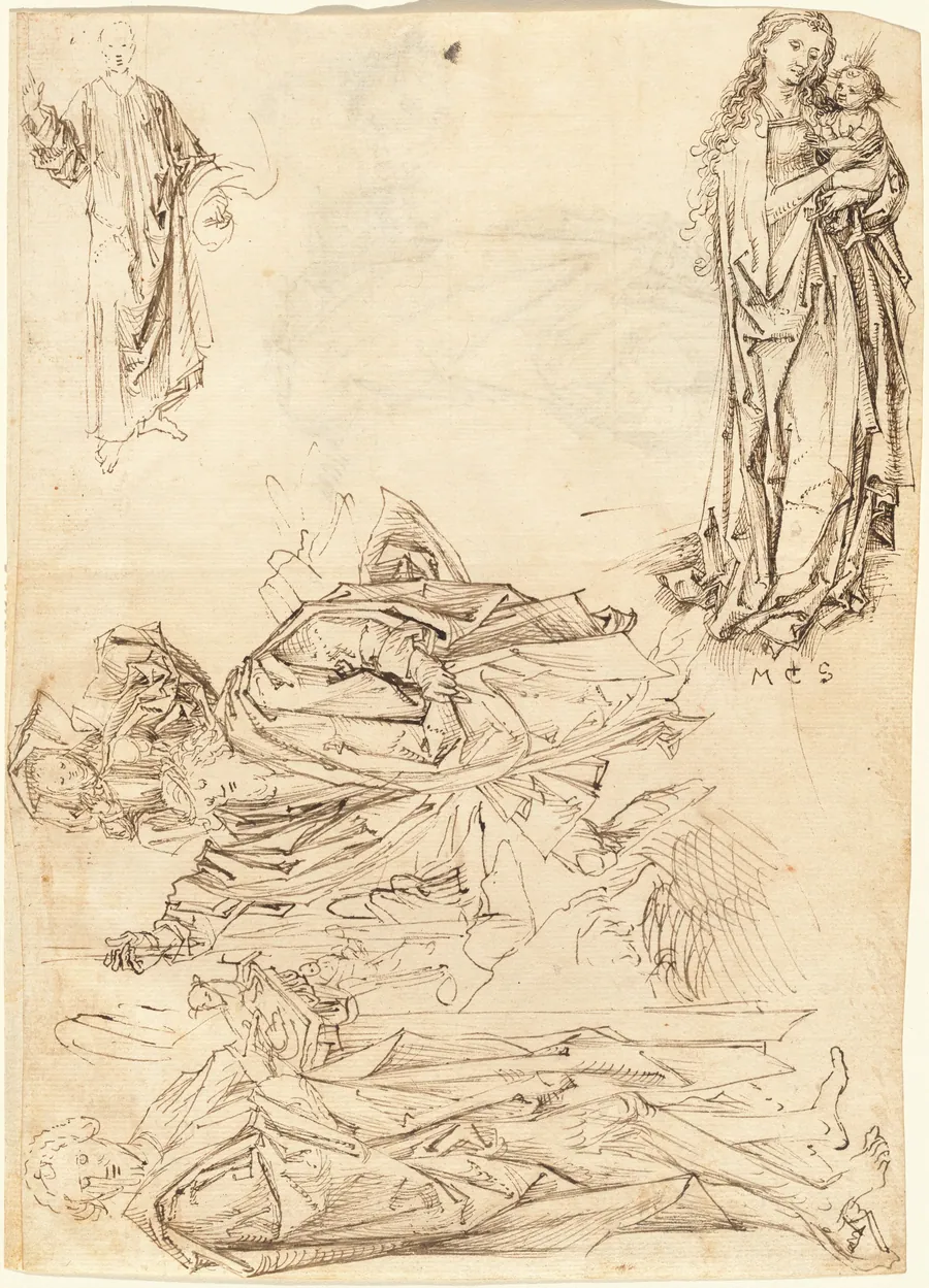 Saint Christopher, Saint John the Baptist, the Virgin and Child, and Christ Blessing (recto) by Master of the Drapery Studies
