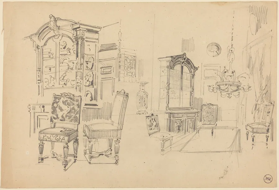 Two Studies of an Interior with Furniture by Félix-Hilaire Buhot