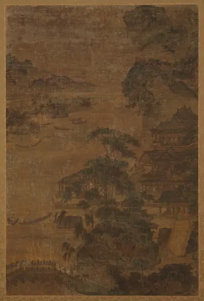 River landscape: mountains, pine-trees, and buildings