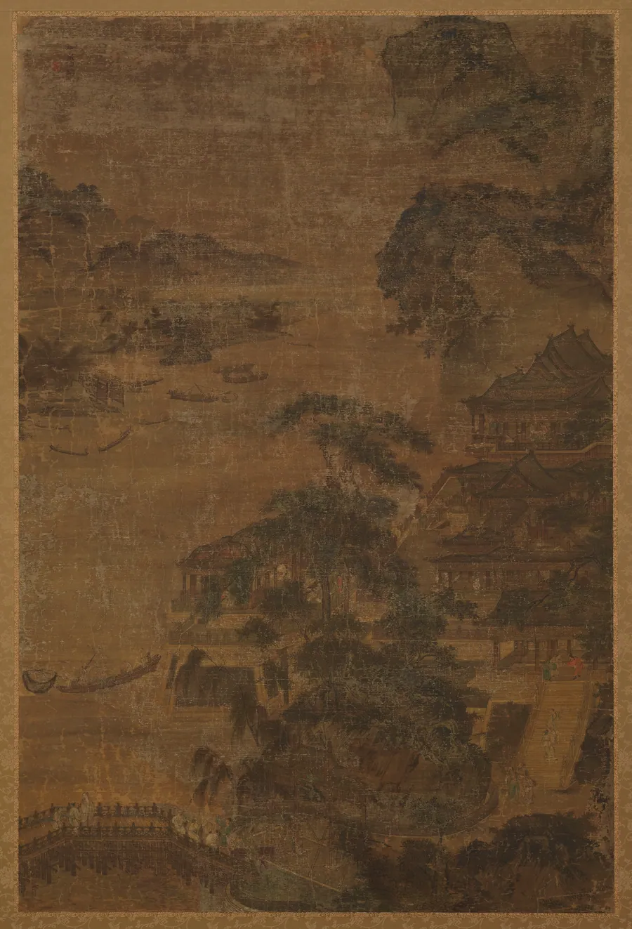 River landscape: mountains, pine-trees, and buildings by Formerly attributed to Zhao Boju (ca. 1120s-ca.1162)