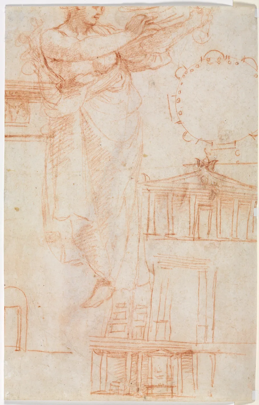 A Draped Female Figure (possibly an Amazon) and Architectural Studies (verso) by Correggio