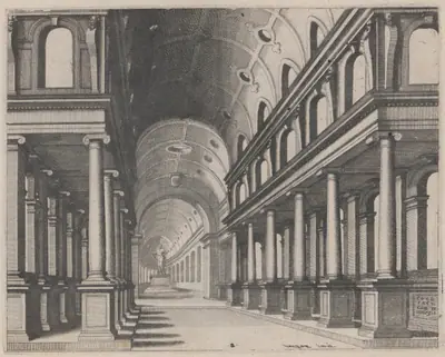 View into a Church with Ionic Columns and a Choir with a Statue